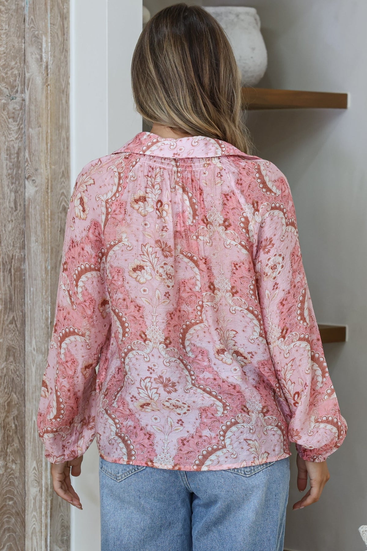 Akri Blouse - Wing Collar Button Down with Long Sleeves in Delta Print