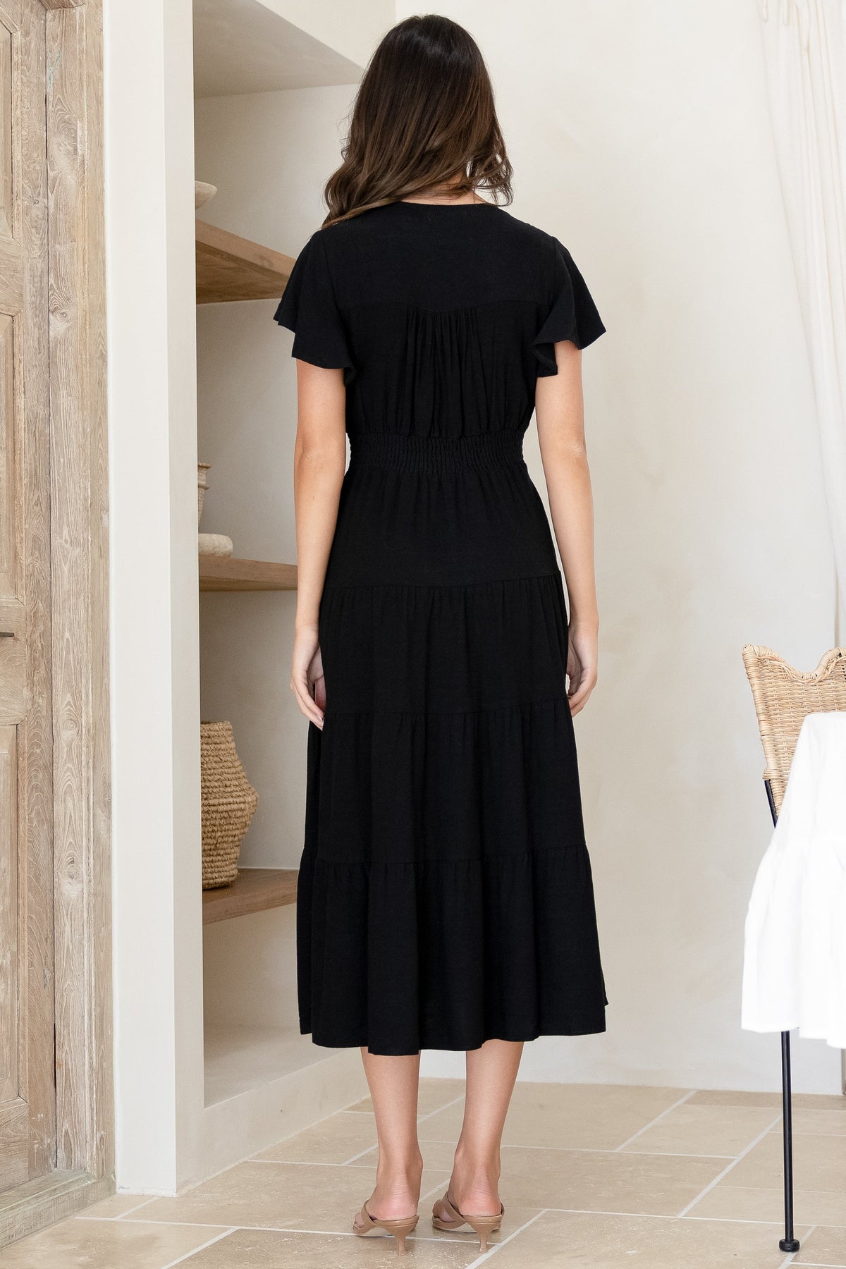 Amy Midi Dress - Flutter Cap Sleeve Buttoned Down V Neck Dress in Black