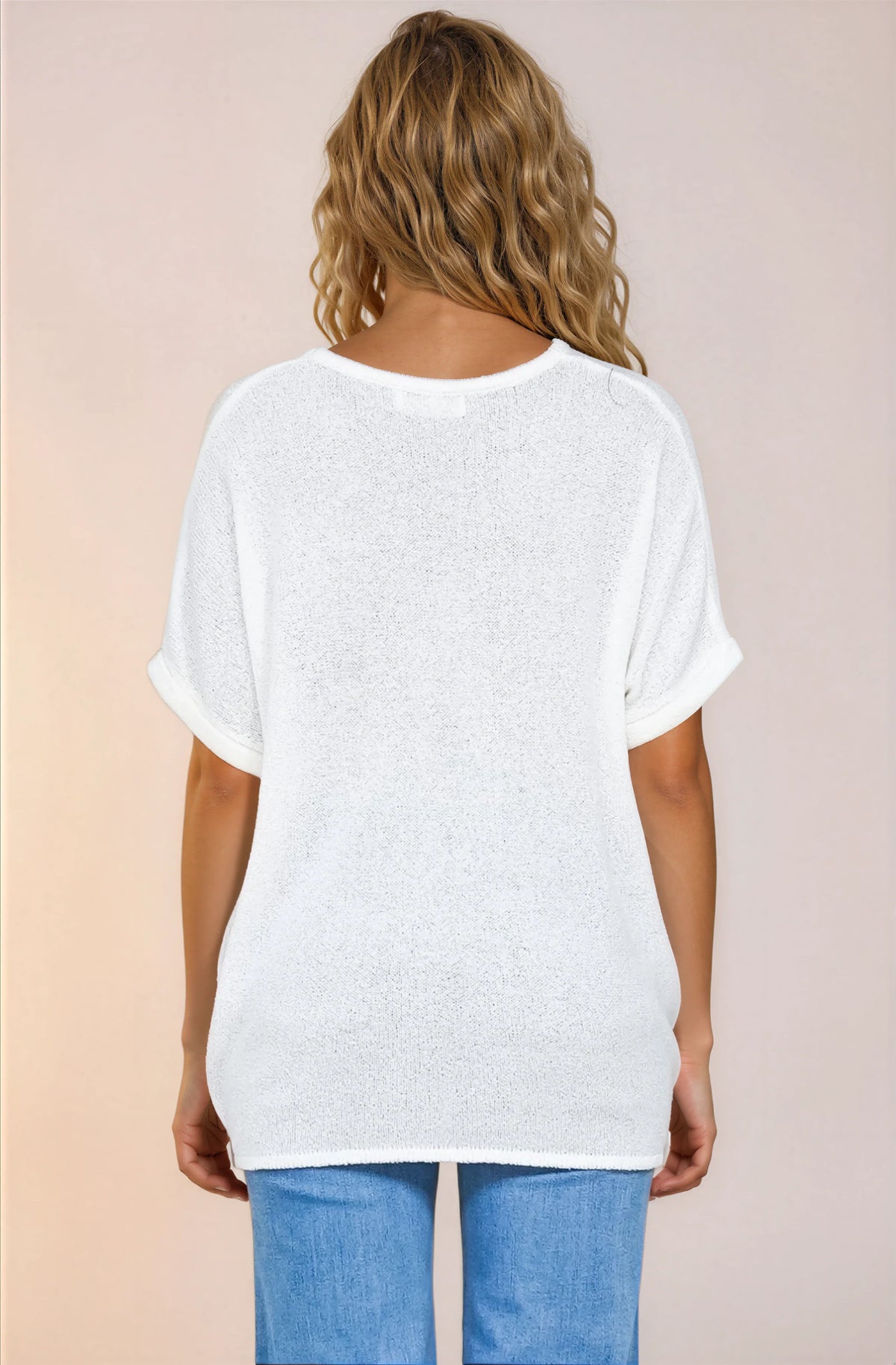 Andre Top - Crew Neck Slouchy Knit Top with Cuffed Short Sleeves in White
