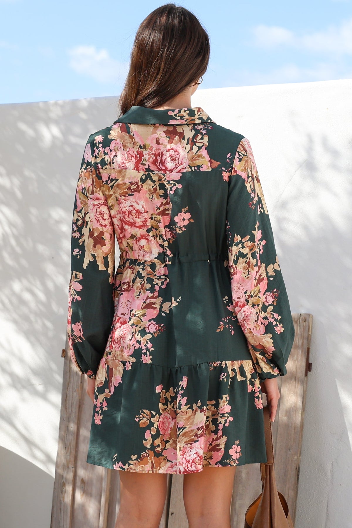 Anora Mini Dress - Collared Long Sleeve Dress with Pull Tie Waist in Vela Print Emerald