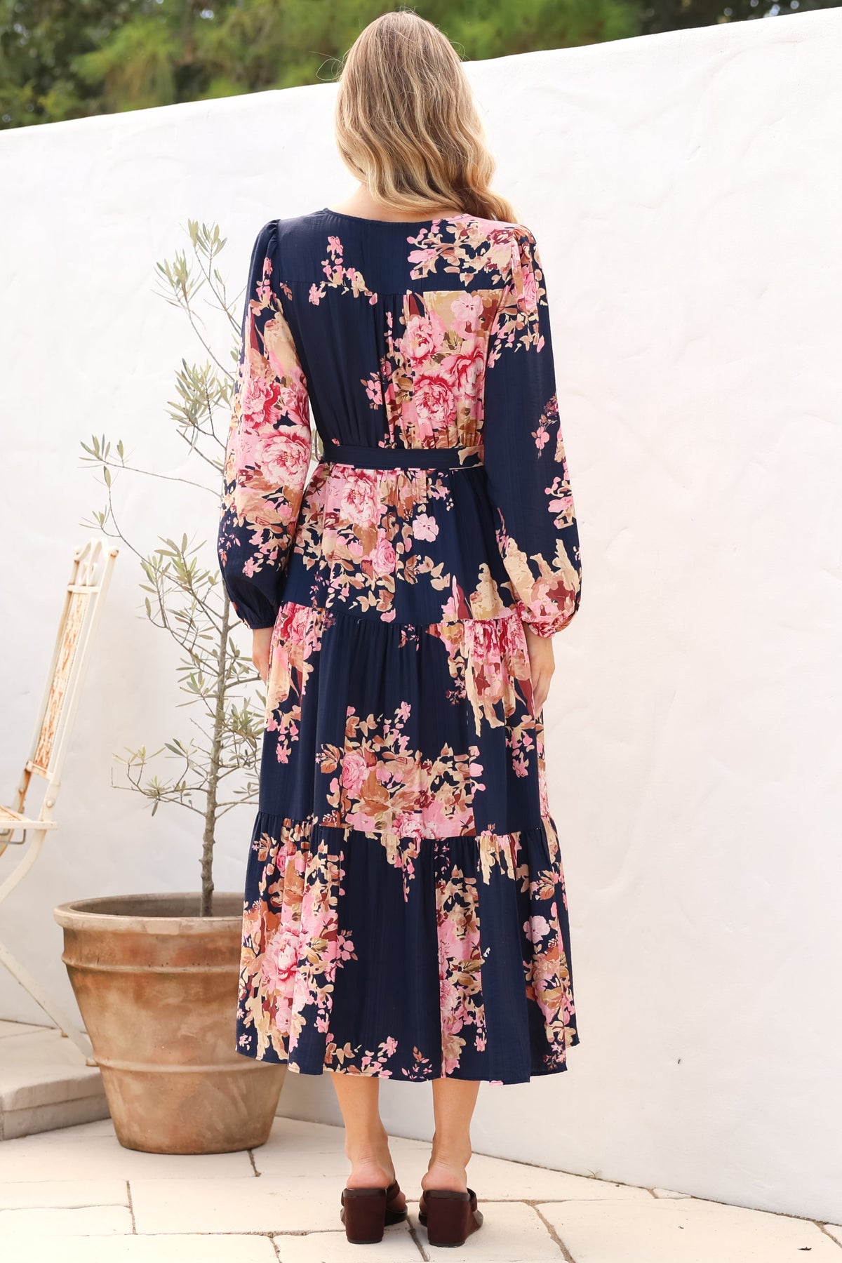 Cassandra Midi Dress - Tiered Long Sleeve Dress with Waist Tie in Vela Print Navy