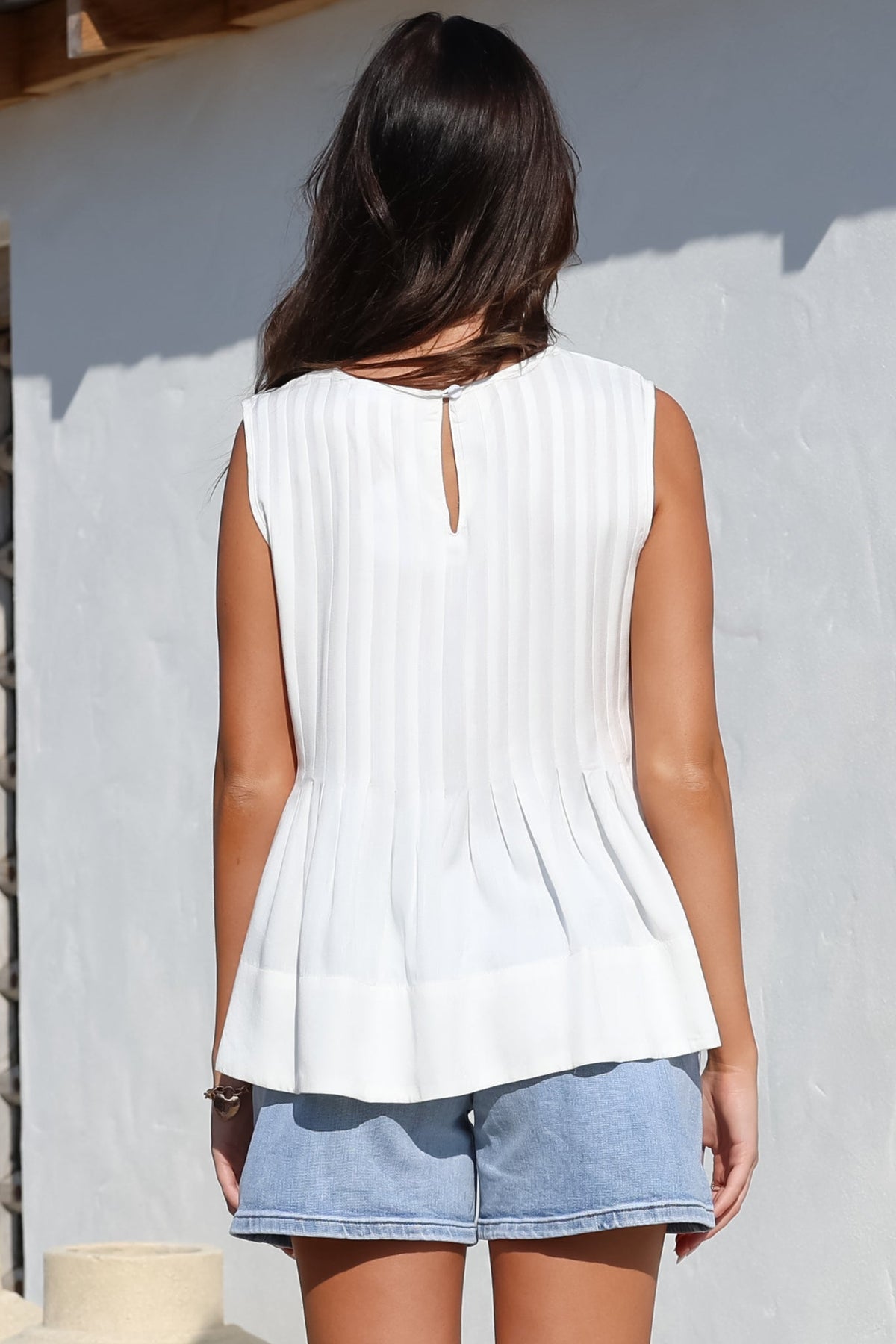 Cassidy Top - Crew Neck Sleeveless Swing Top with Pleats in White