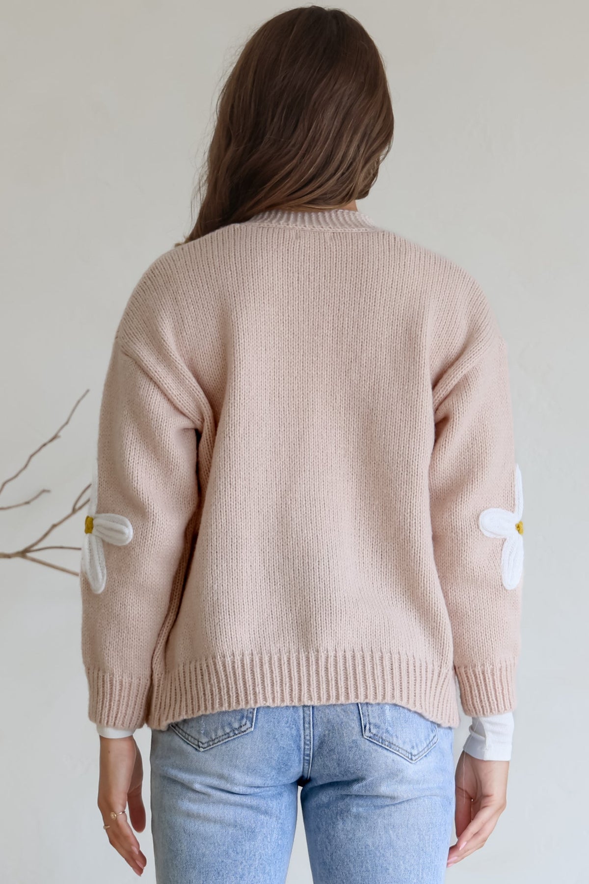 Daisy Belle Cardigan - Cropped Thick Knit Cardigan with Flower Decals in Beige