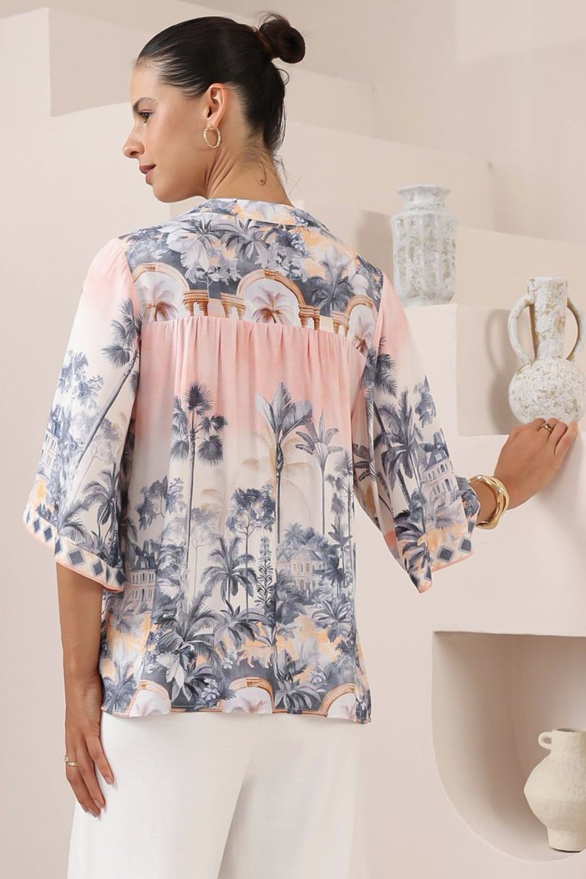 Elysia Blouse - Deep V Neck Button Down 3/4 Sleeve Top in Armena Print