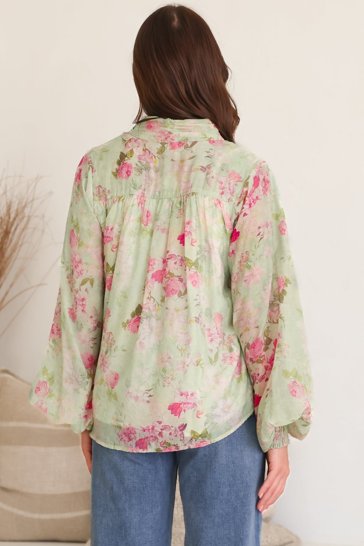 Faye Blouse - Mandarin Collar Balloon Sleeve Button Down Shirt in Rosemarie Print