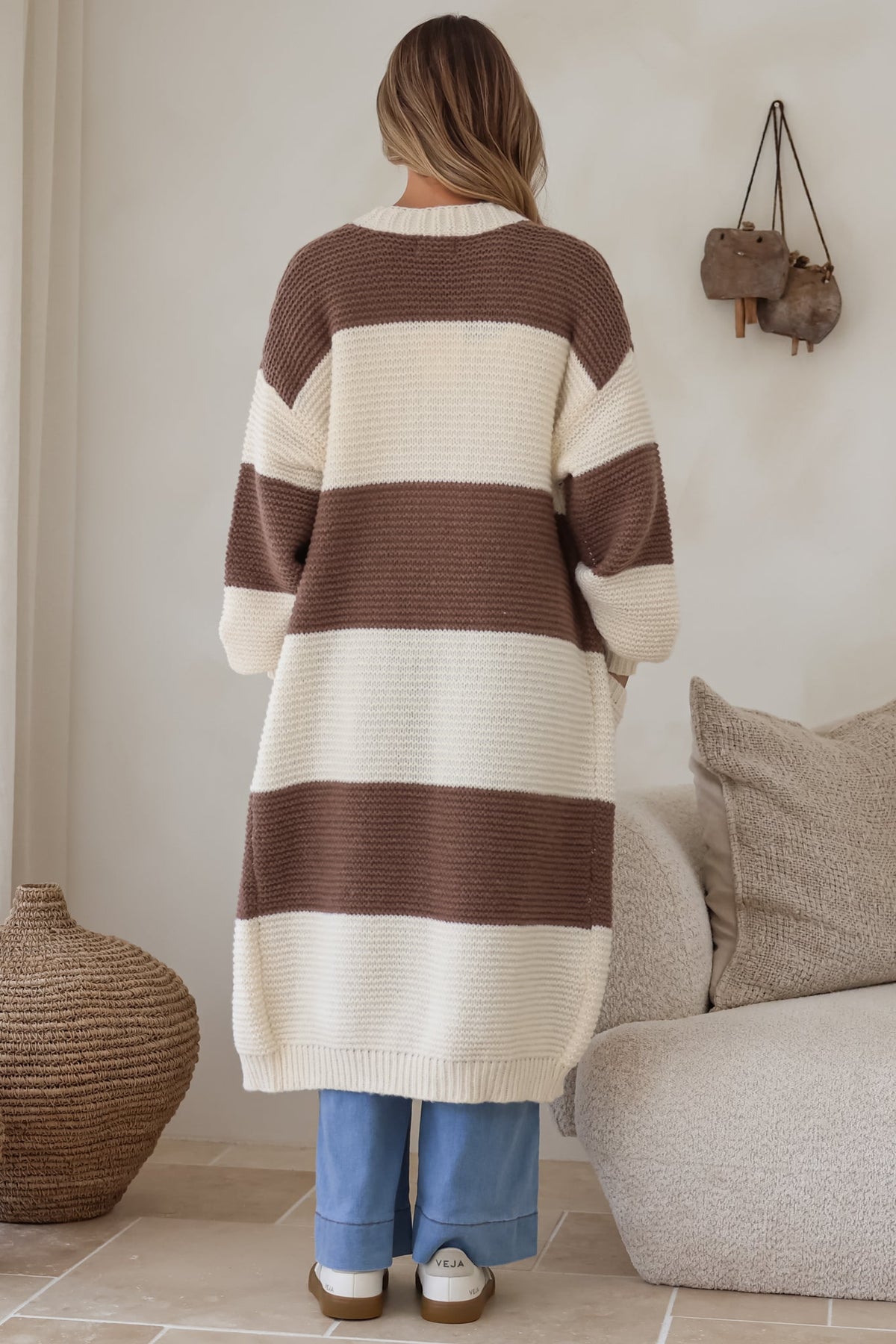 Finneas Cardigan - Longline Open Front Knit with Balloon Sleeves and Pockets in Brown