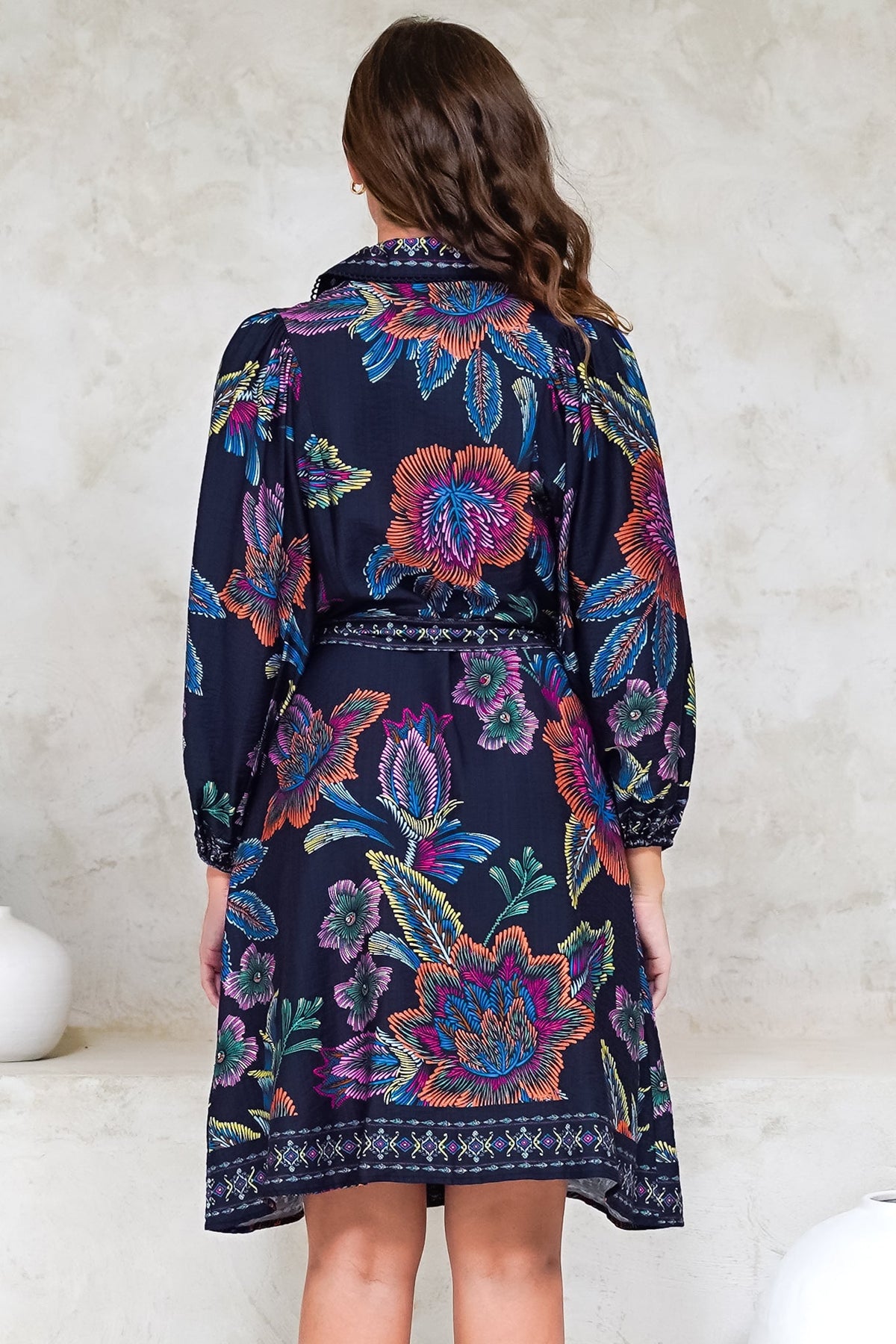 Francini Mini Dress - Collared Shirt Dress with Matching Belt in Elle Print Navy