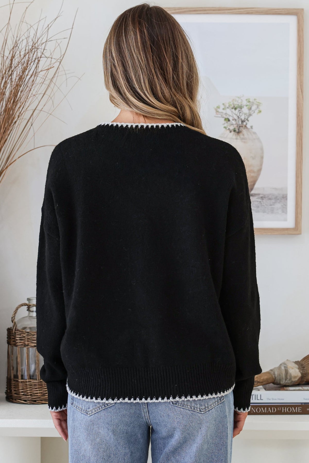 Loretta Jumper - Crew Neck Cowgirl Motif Knit in Black