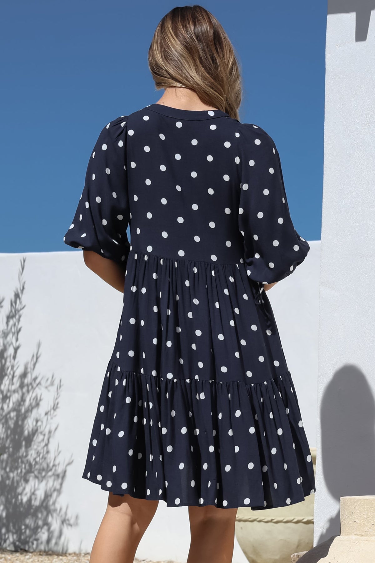 Marah Mini Dress - Mandarin Collar Short Sleeve with Tie Smock Dress in Parisian Polka Navy
