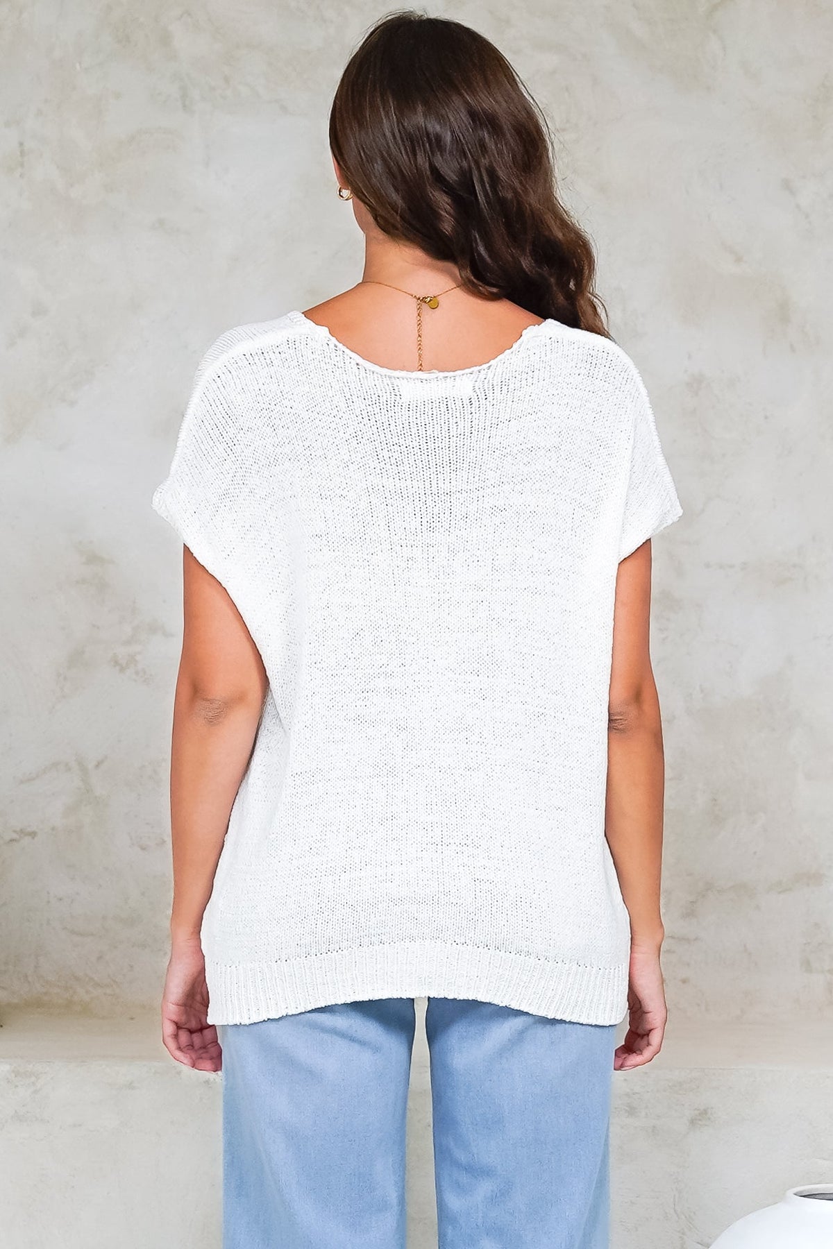 Millicent Knit Top - Relaxed V-Neck Top with Ribbed Hemline in White