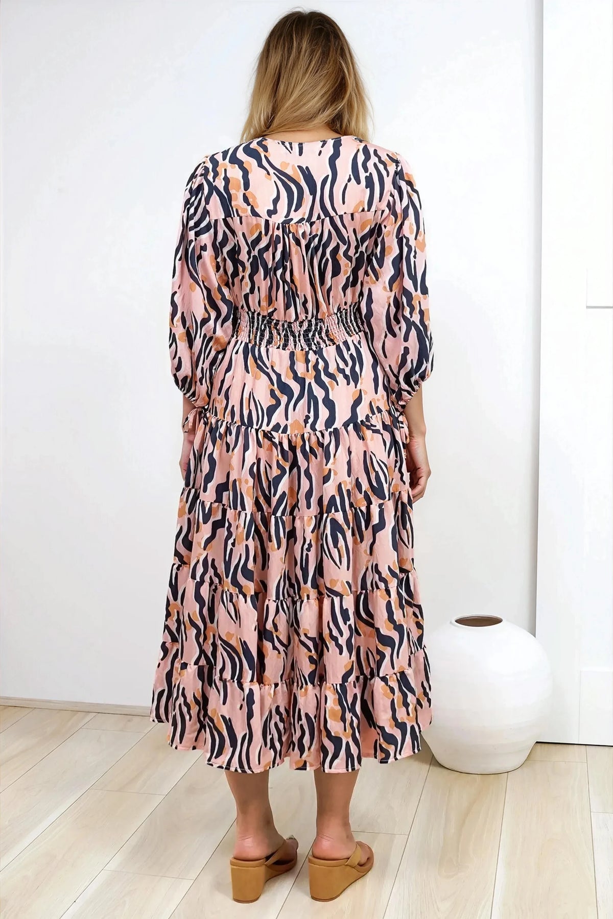 Milly Midi Dress - Tiered Button Down 3/4 Sleeve Dress in Zimmi Print