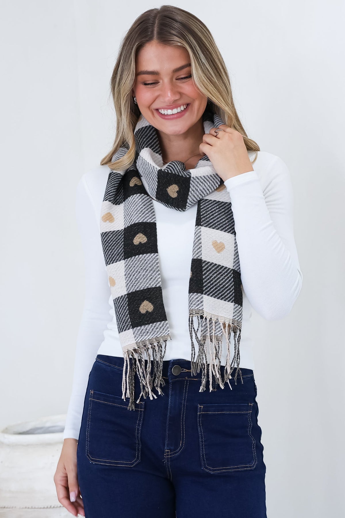 Minka Scarf - Soft Cozy Wrap Scarf with Heart and Check Print in Black