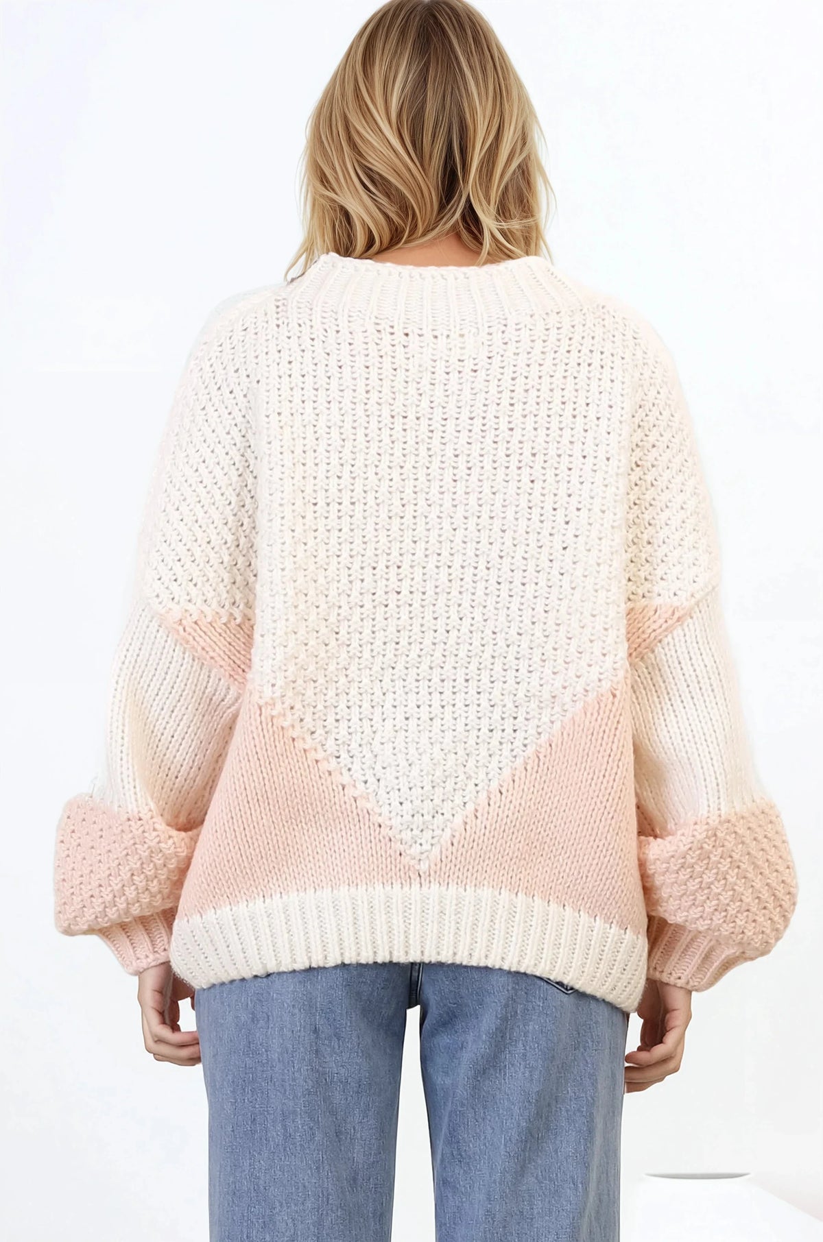 Morgan Jumper - Chunky High Neck Colour Block Knit Jumper in Cream Splice