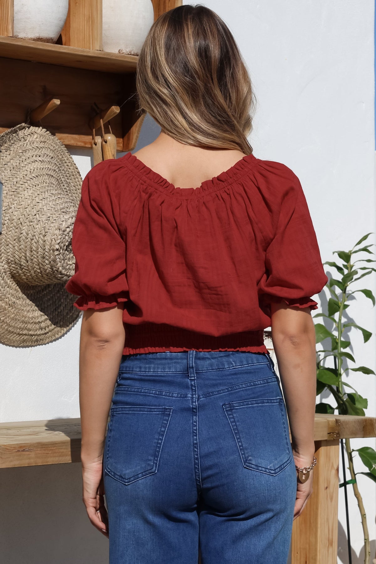 Nadiya Crop - Adjustable Neck and Hemline Crop with Pleating Details in Rust