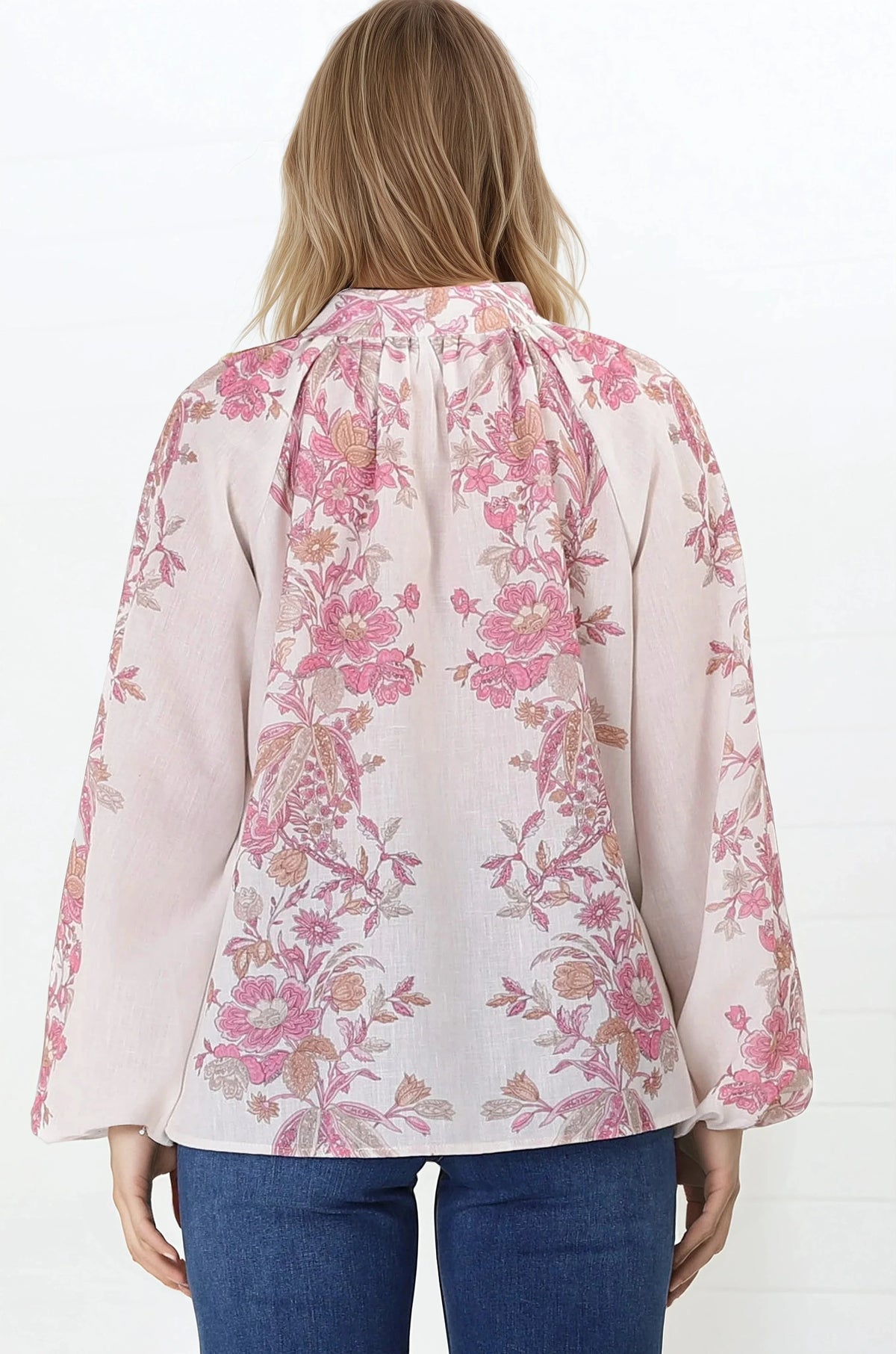 Nicola Blouse - Mandarin Collar Button Down Linen Blouse in Sorrel Print
