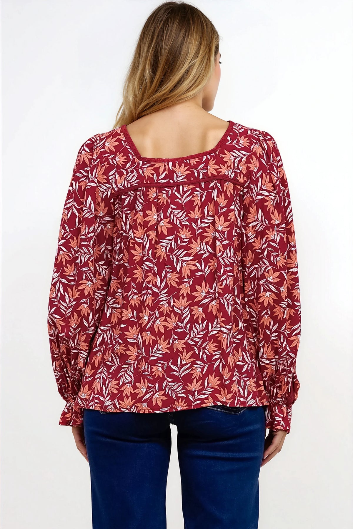 Savvy Blouse - Milkmaid Neckline Lace Trim Button Down in Roux Print