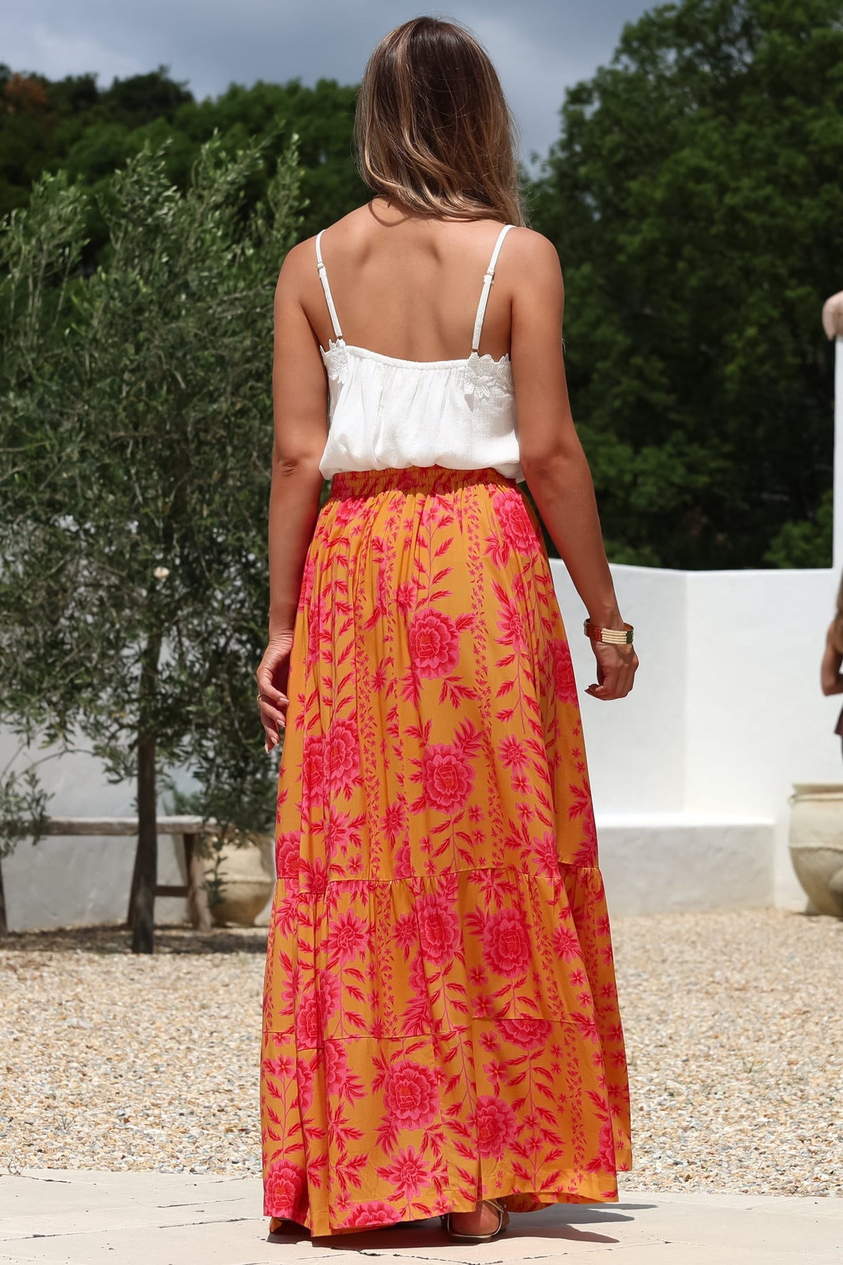 Zia Maxi Skirt - High Waisted Skirt with Tassel Waist Tie and Front Splits in Betsey Print