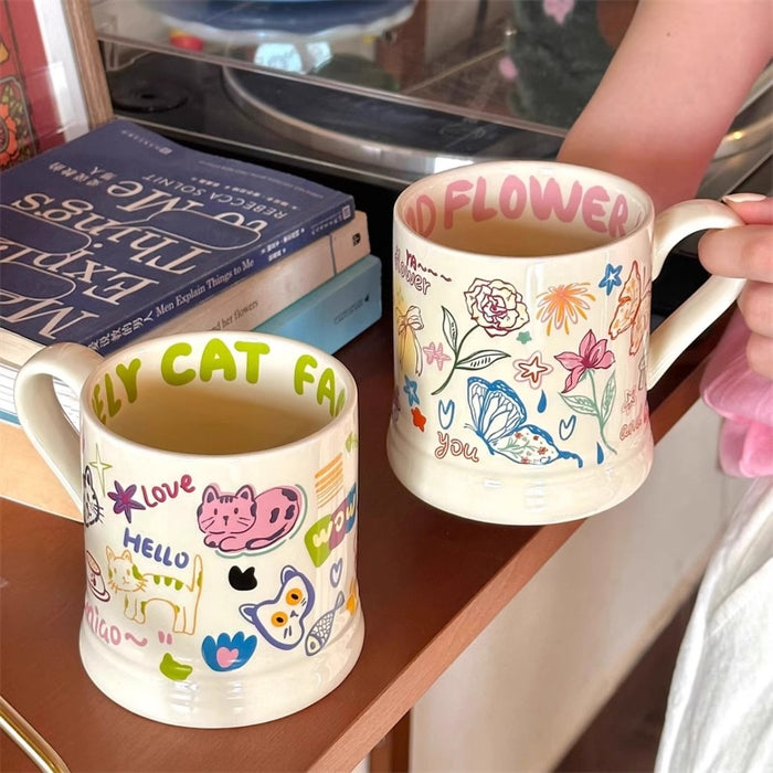Cute Graffiti Butterfly and Cat Cream Ceramic Mug