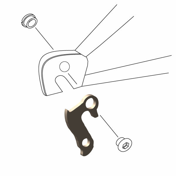 Hanger #204 attaches to the rear dropout from the outside or derailleur side using one M8 chainring bolt.