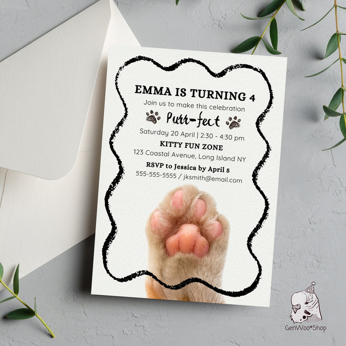 Editable Digital Purr-fect Cat Birthday Party Invitation - Pet Cat Kitty Kitten Birthday - Kids Birthday Invite
