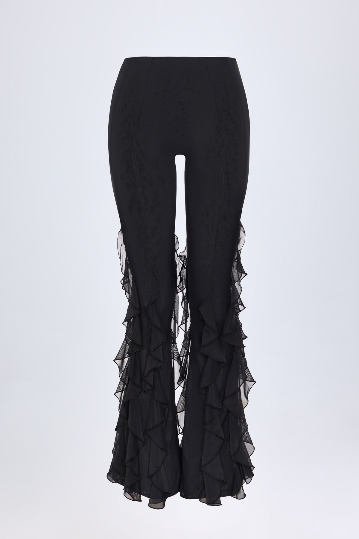 Ruffled Mid-Rise Flared Trousers in Black