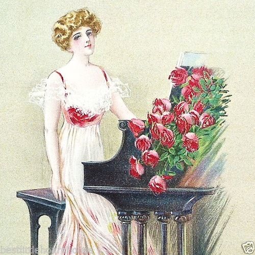 GRAND PIANO Victorian Stone Lithograph Print 1909
