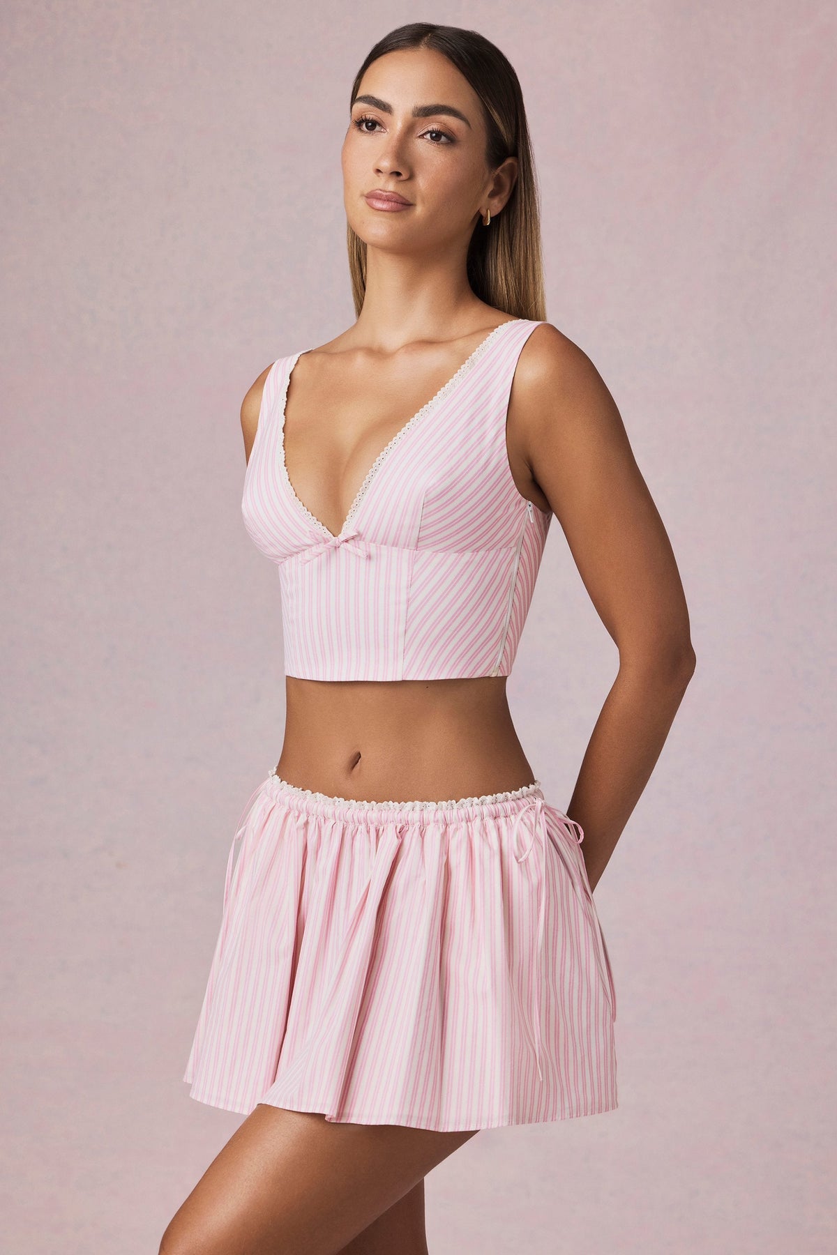Ruched Drawstring Mini Skirt in Soft Mauve Stripe