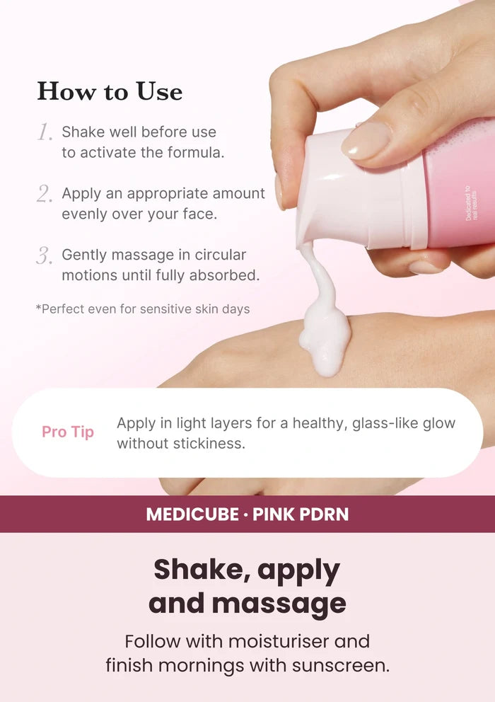 Medicube PDRN Pink Collagen Bubble Serum — A simple daily routine. Follow with moisturiser and finish mornings with sunscreen.