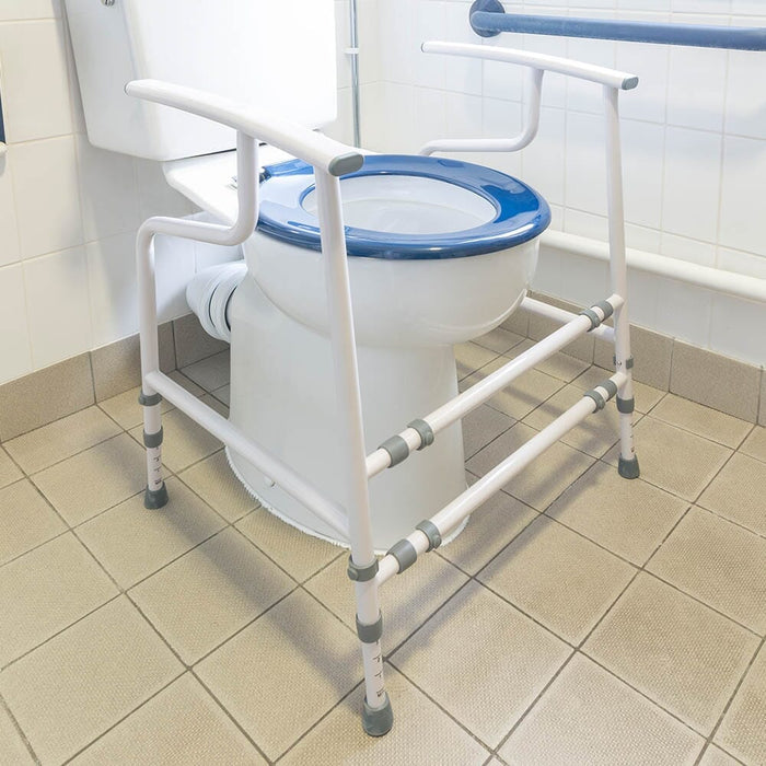 Diagram or packaging of NRS Nuvo Open Back Toilet Frame highlighting dimensions or features.