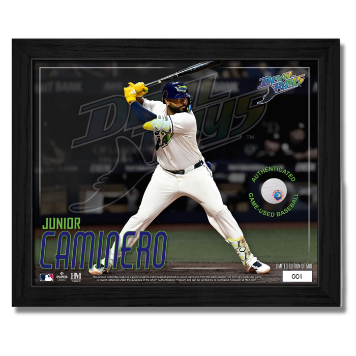 Rays Junior Caminero Authentic Game-Used Baseball Piece 9x11 Display