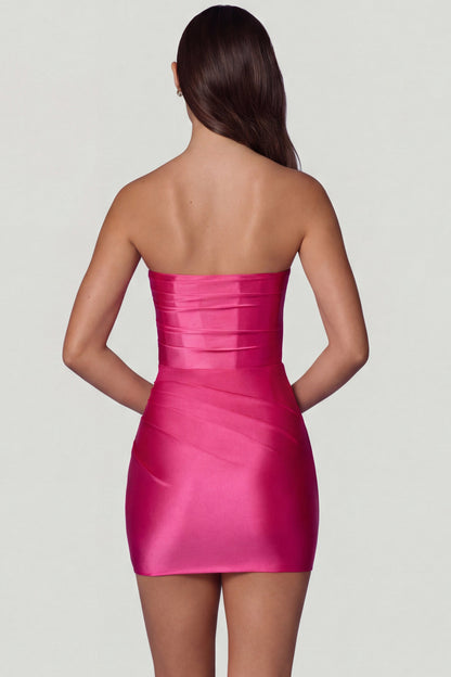 Ruched Bandeau Mini Dress in Hot Pink