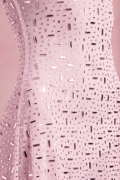 Sheer Embellished Square-Neck Mini Dress in Pink