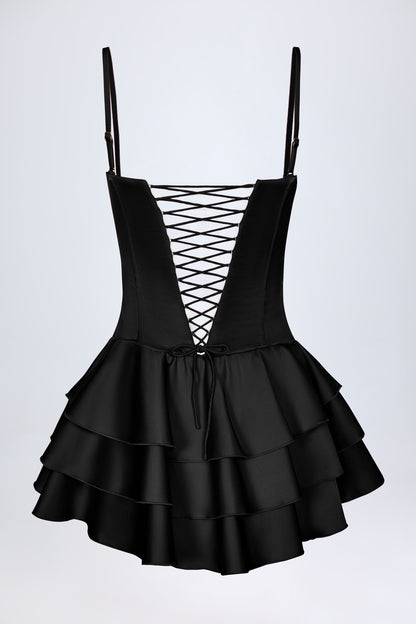 Ruffled Lace-Up Corset Playsuit in Black