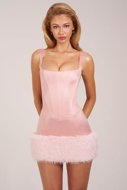 Satin Square-Neck Corset Faux-Fur Mini Dress in Blush Pink