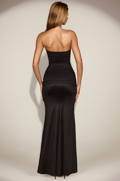 Satin Peekaboo Bandeau Draped Gown in Black