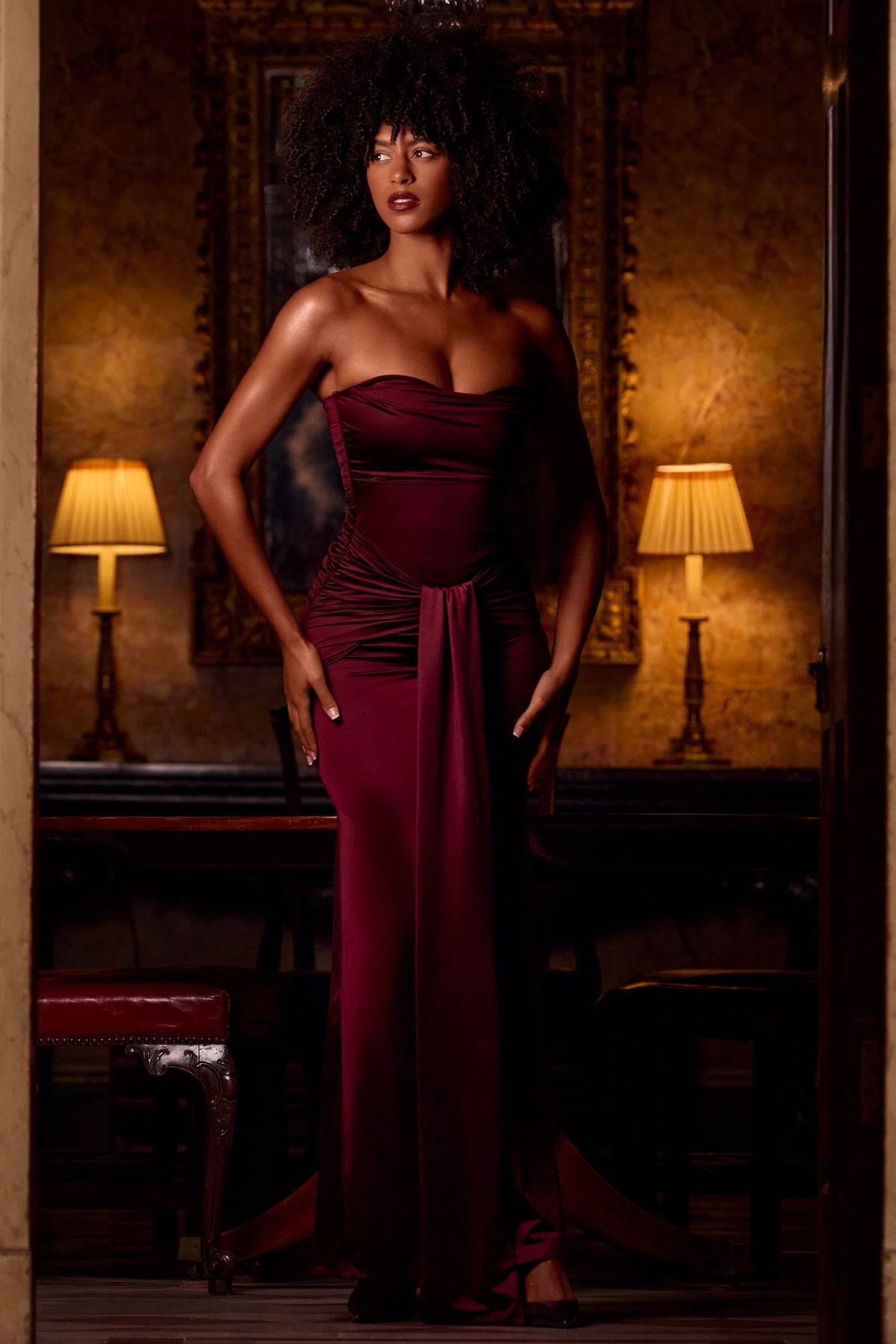 Satin Peekaboo Bandeau Draped Gown in Wine Red