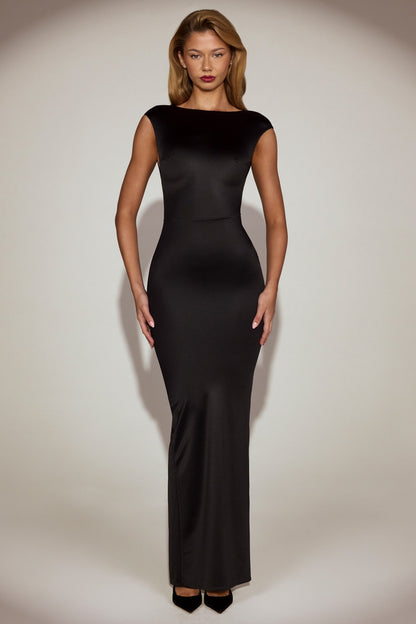 Satin Boat-Neck Twist-Back Maxi Dress in Black