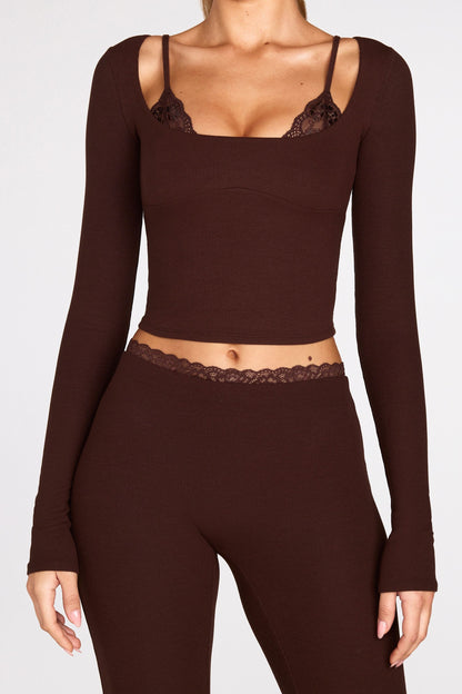 Ribbed Modal Long-Sleeve Laced Bra Top in Chocolate Brown