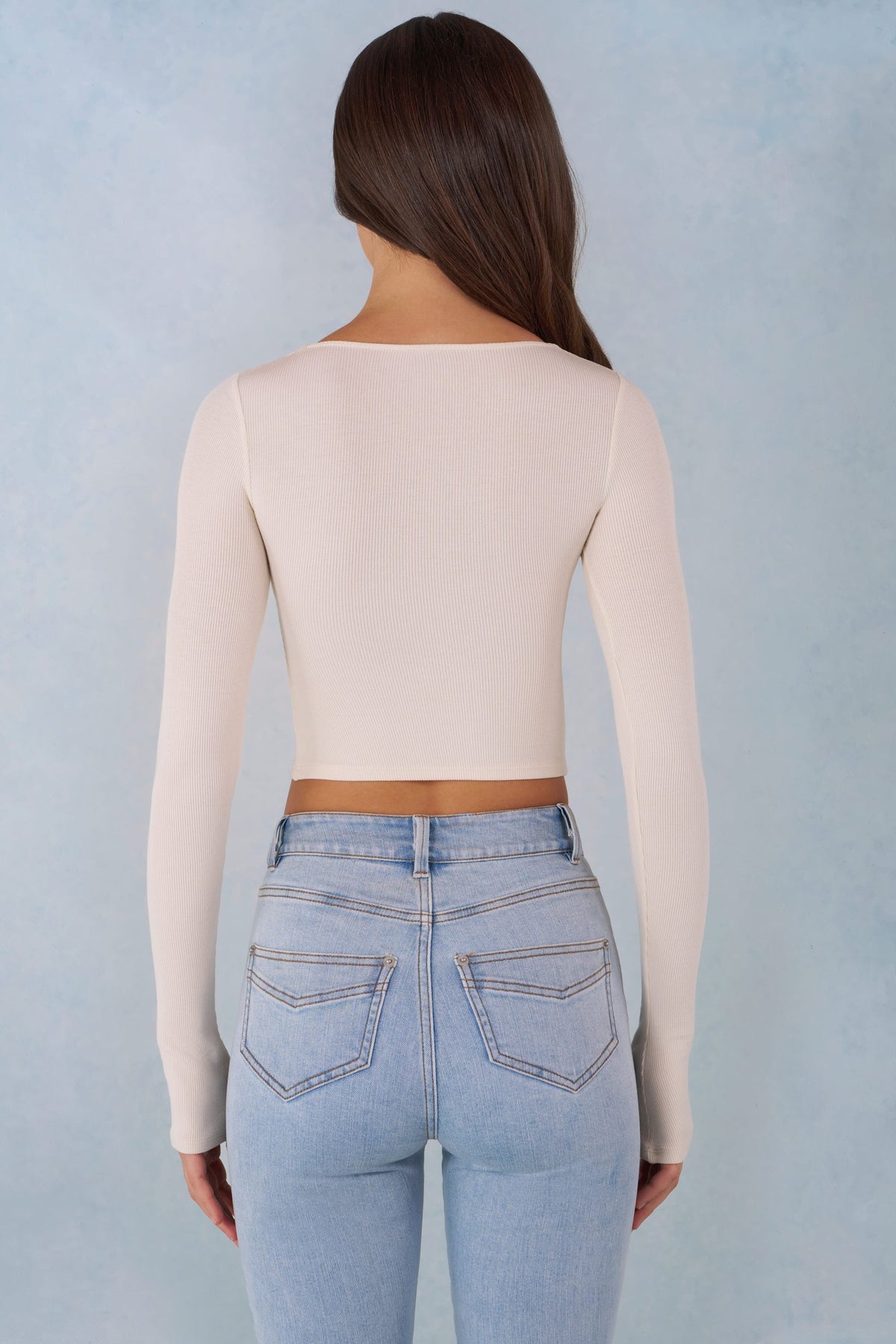 Ribbed Modal Long-Sleeve Laced Bra Top in Ivory