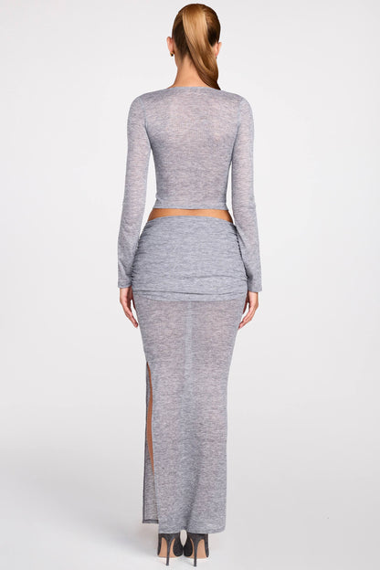 Sheer Jersey Low-Rise Draped Maxi Skirt in Grey