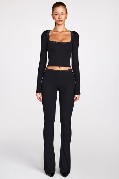 Ribbed Modal Square-Neck Long-Sleeve Top in Black
