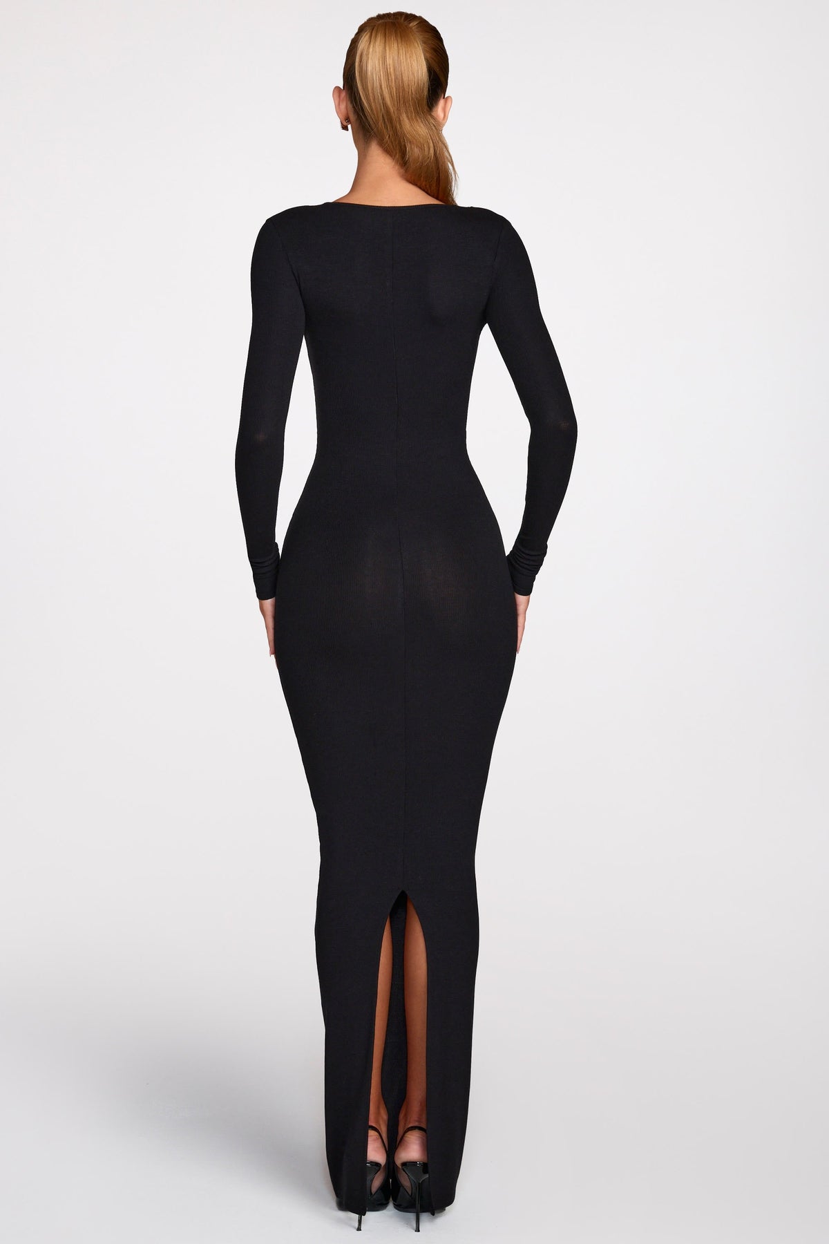 Ribbed Modal Long-Sleeve Plunge Maxi Dress in Black