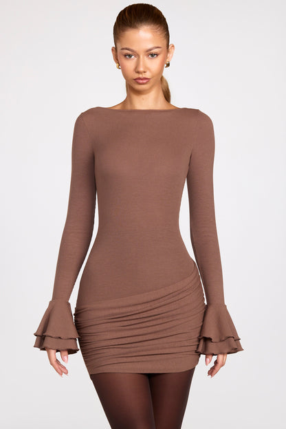 Ribbed Modal Long-Sleeve Draped Mini Dress in Mocha