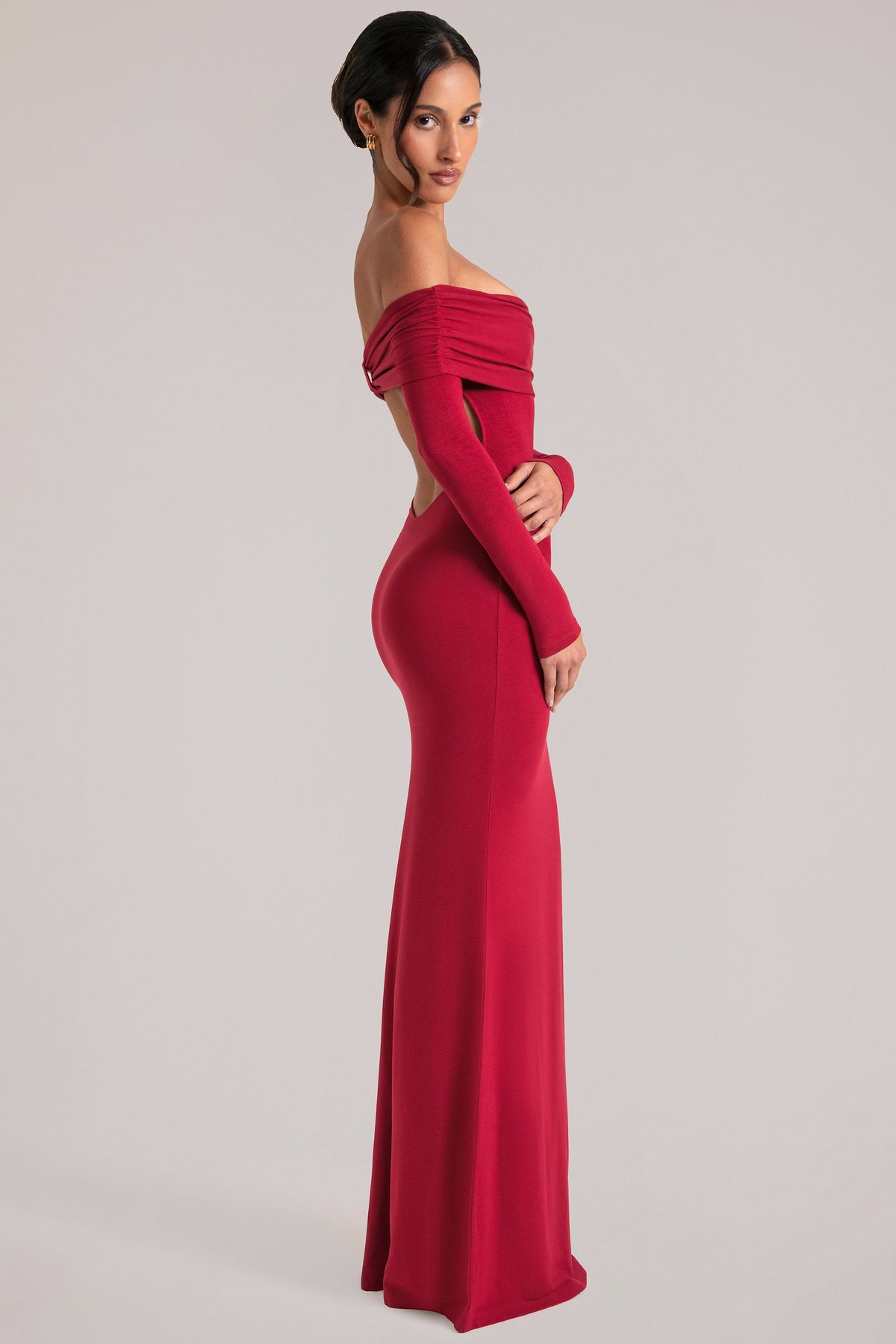 Off-Shoulder Long-Sleeve Maxi Dress in Cherry Red