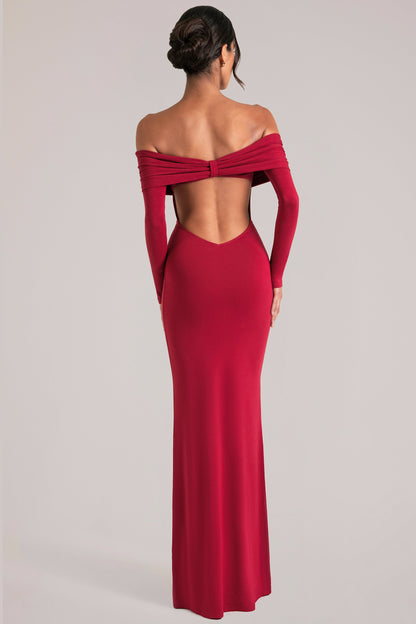 Off-Shoulder Long-Sleeve Maxi Dress in Cherry Red