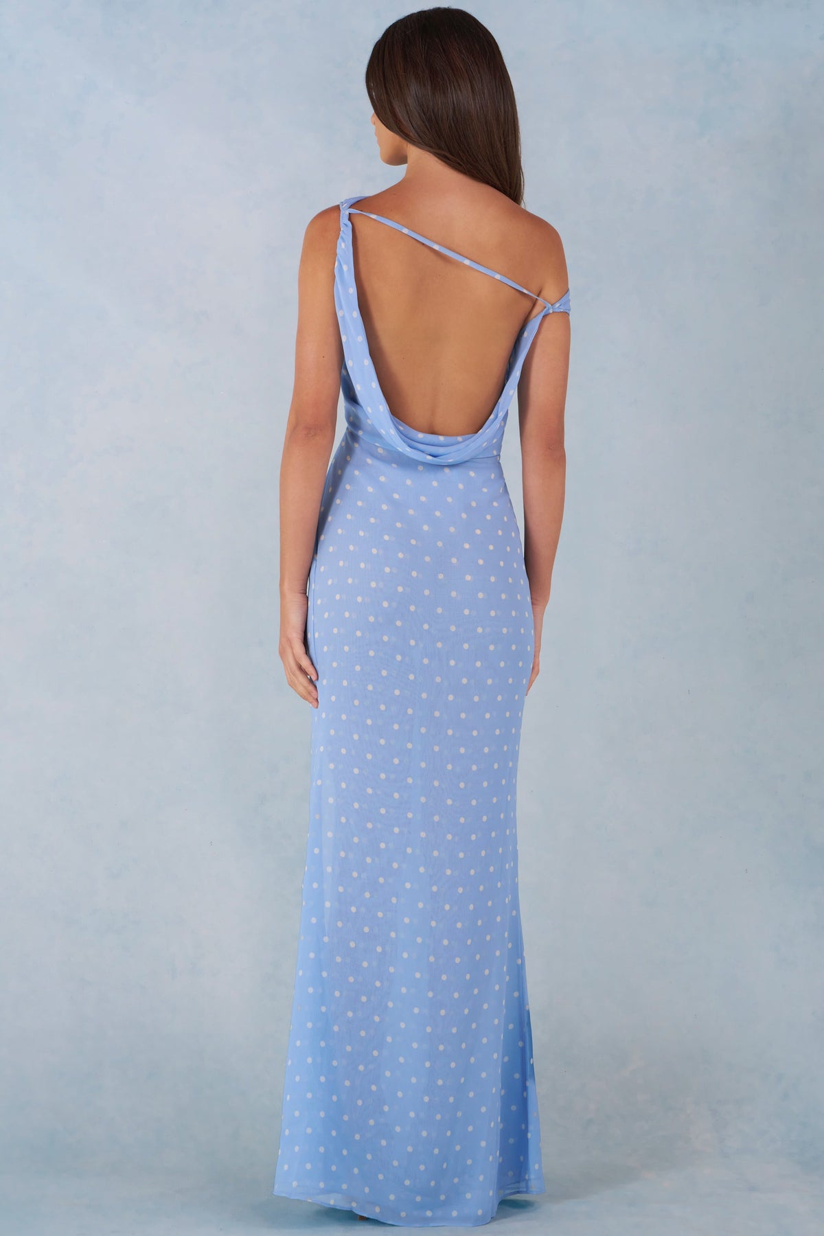 One-Shoulder Maxi Dress in Blue Polka Dot Print