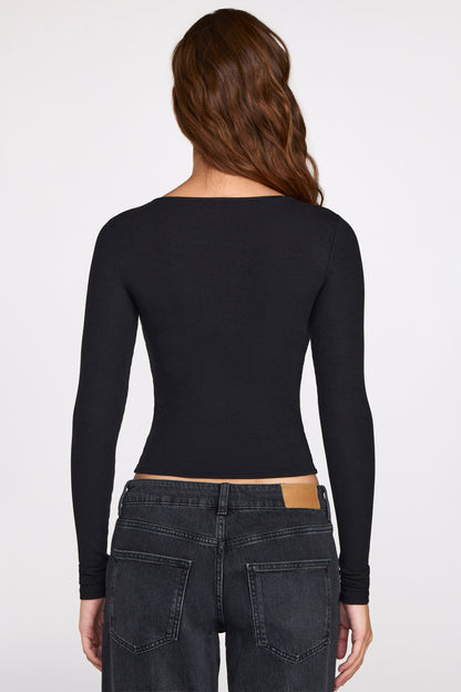 Ribbed Modal Ruched Long-Sleeve Top in Black