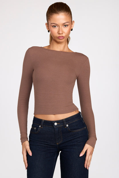 Ribbed Modal Ruched Long-Sleeve Top in Mocha