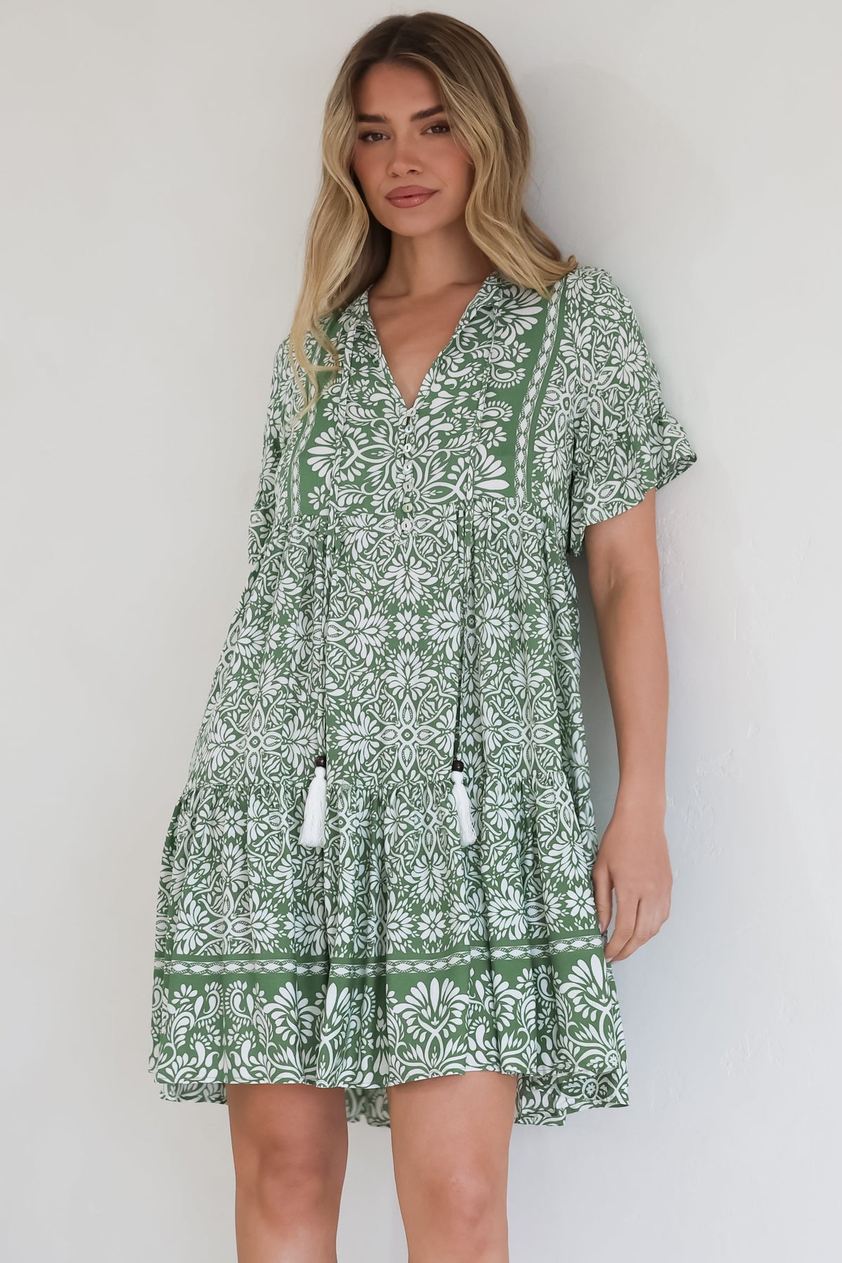 Abilia Mini Dress - Mandarin Collar Smock Dress in Harley Print Green