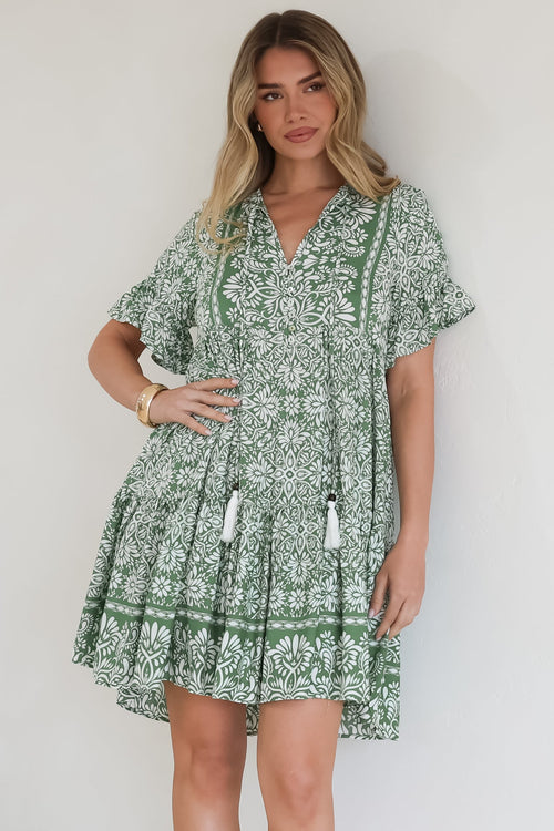 Abilia Mini Dress - Mandarin Collar Smock Dress in Harley Print Green